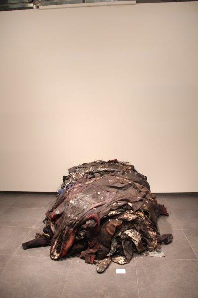2. Carla Crosio, Requiem, 2016, stracci, catrame, mosche finte, scarpetta dorata, installazione